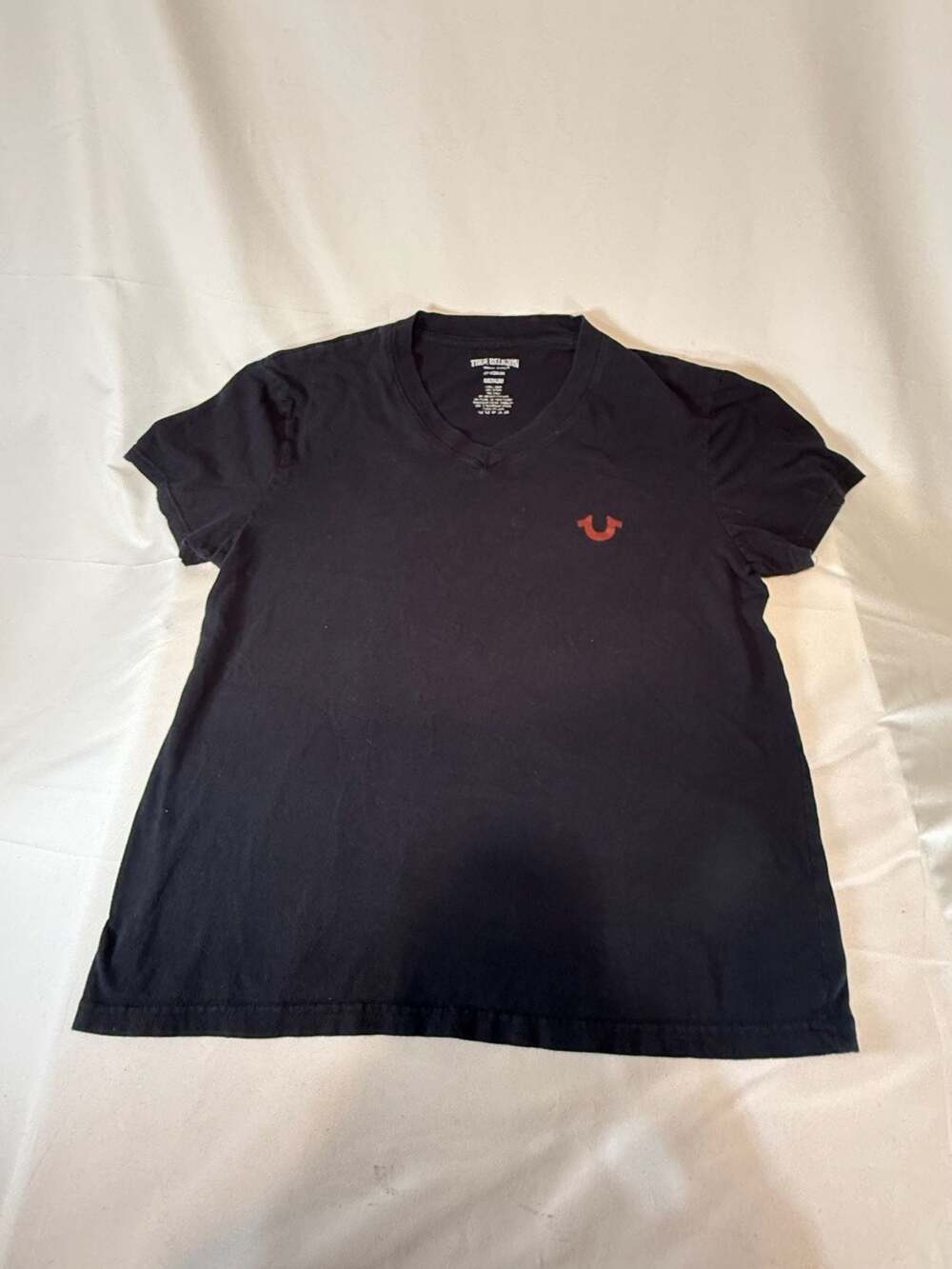Y2K streetwear, 2010s True Religion Black V-Neck T-Shirt with Red Logo Size M